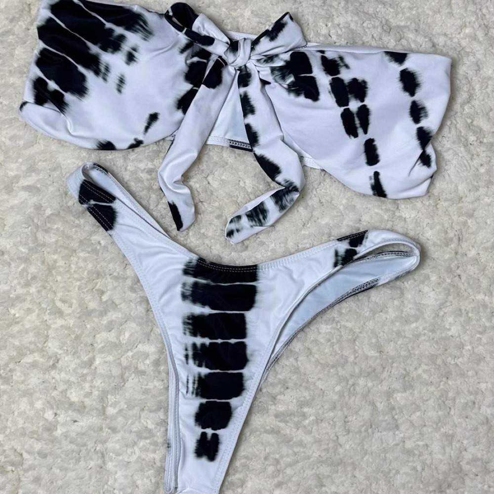 Black and White Tie Dye Bikini Set Multi Way Tie Front Swimsuit Size M